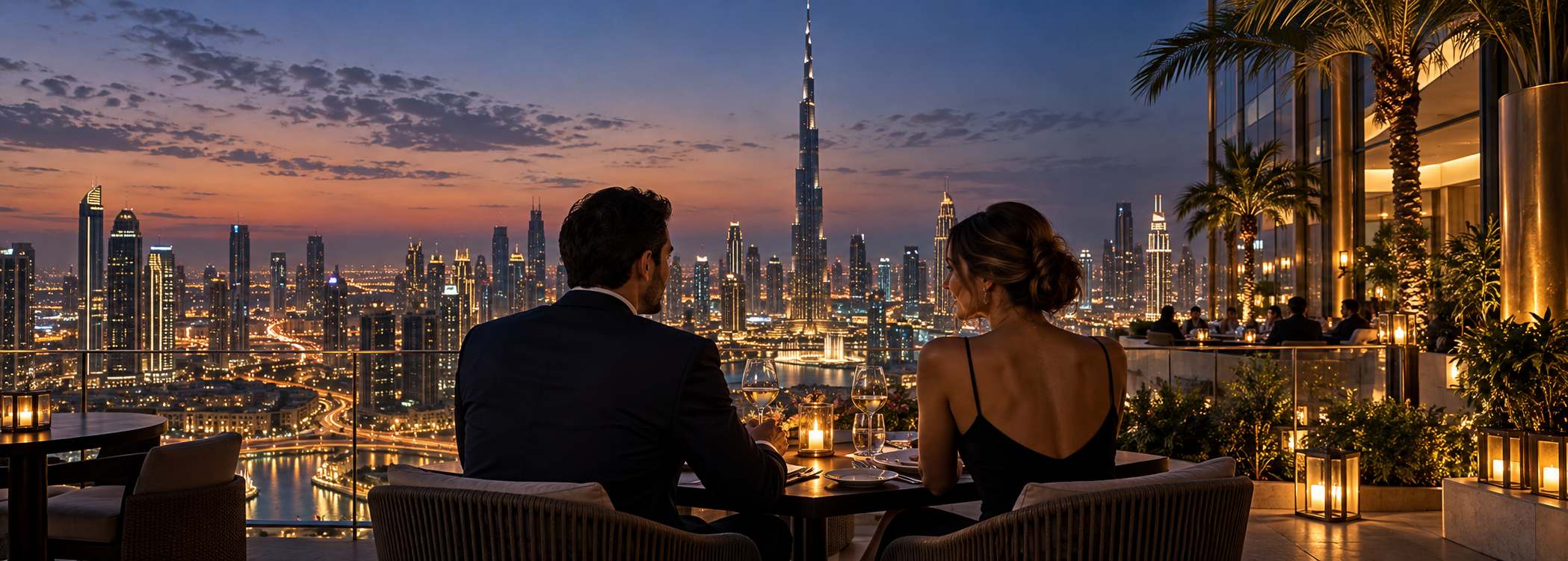 A couple dining at a candlelit rooftop table at dusk, looking out over the Dubai skyline and the Burj Khalifa