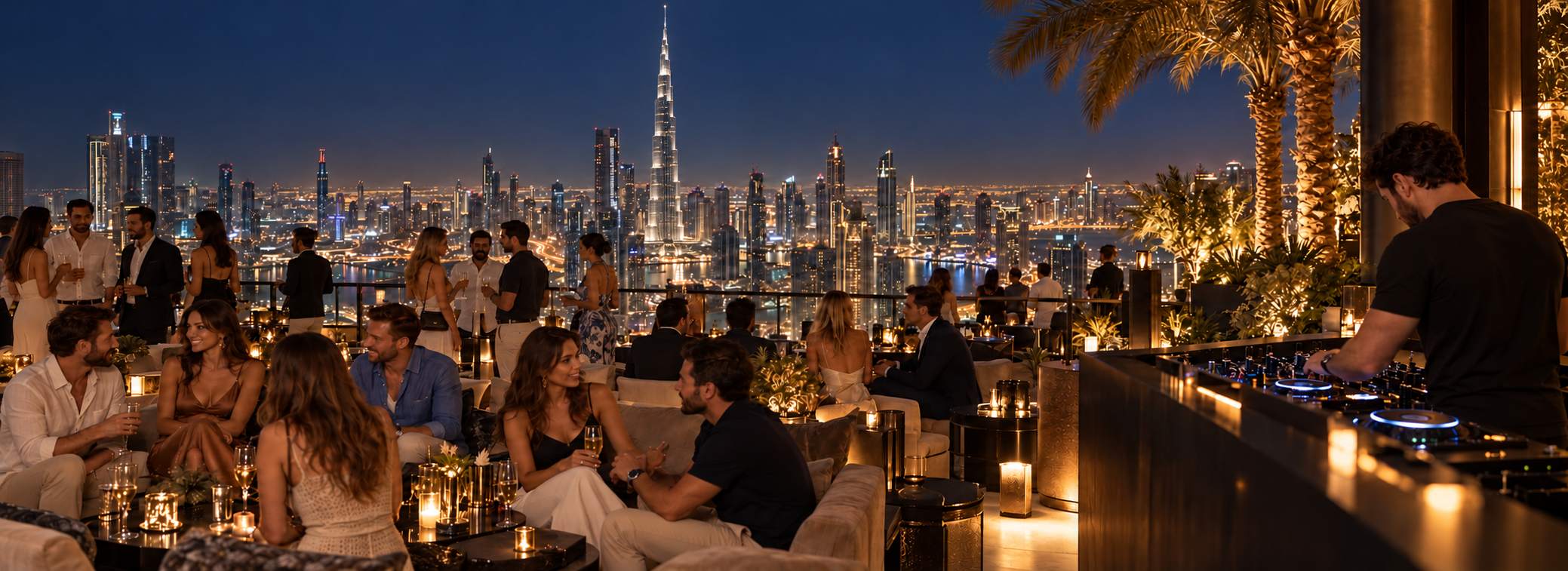 Guests chatting on sofas at a candlelit rooftop party at night, a DJ playing on the right and the Dubai skyline with the Burj Khalifa glowing behind