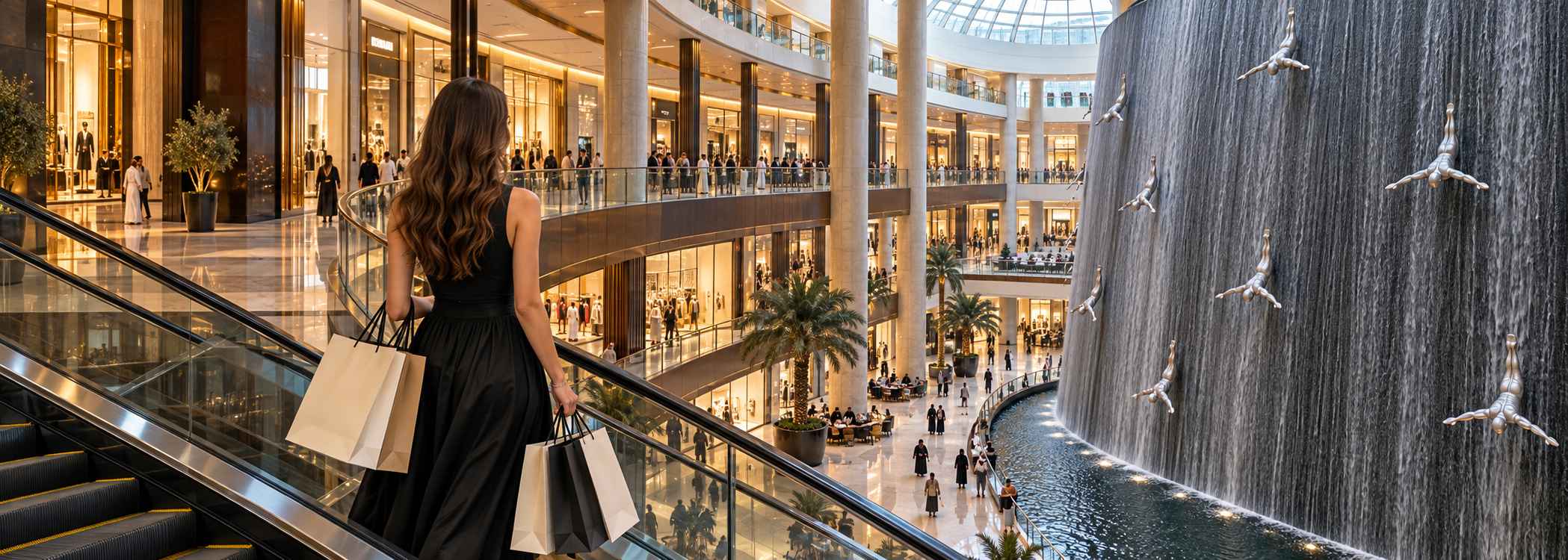 A woman in a black dress carrying shopping bags rides an escalator in a grand Dubai mall, shops glowing on every level and a tall waterfall wall with diver sculptures beside her