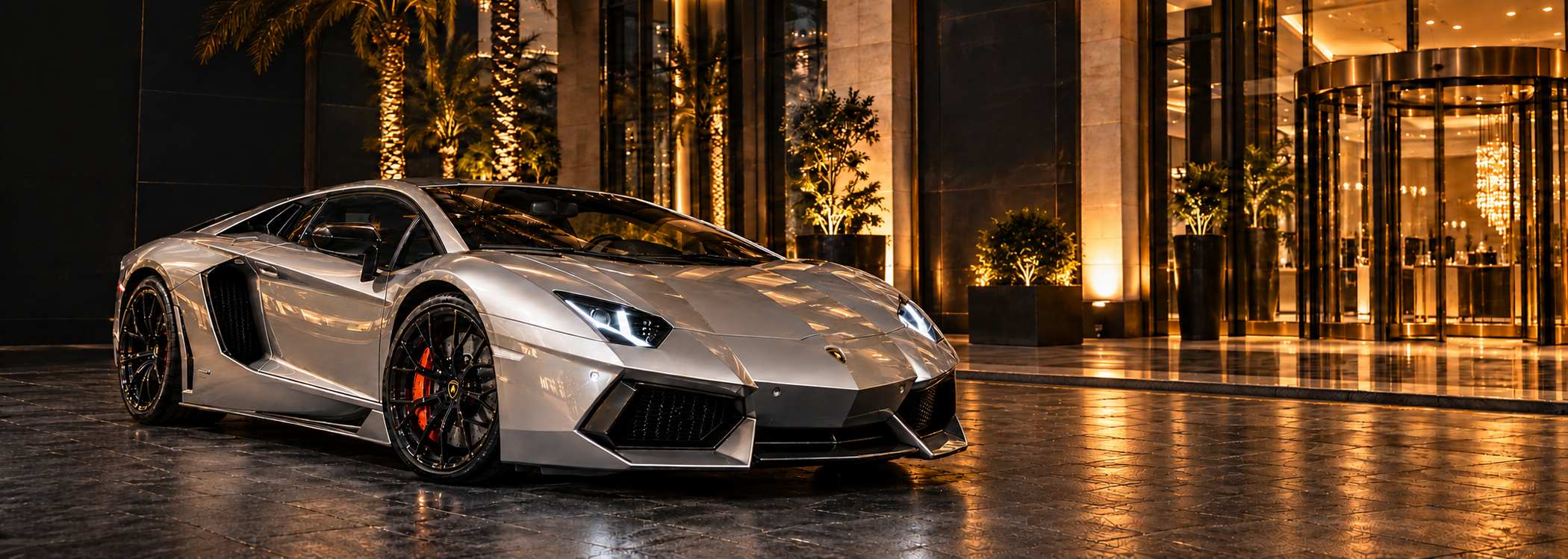 Silver supercar with glowing headlights parked on wet stone beneath warm lights outside a luxury hotel entrance at night
