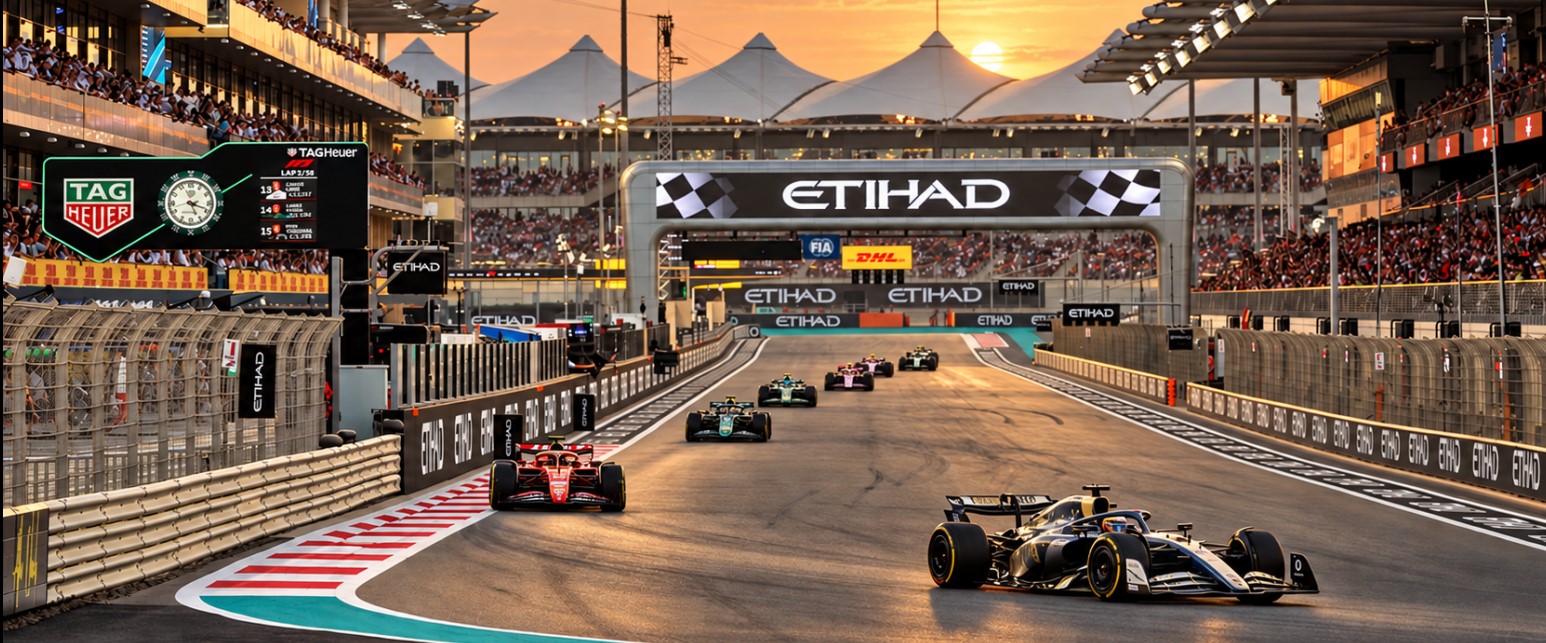 Formula 1 cars racing down the main straight at sunset, past packed grandstands and a banner gantry over the track